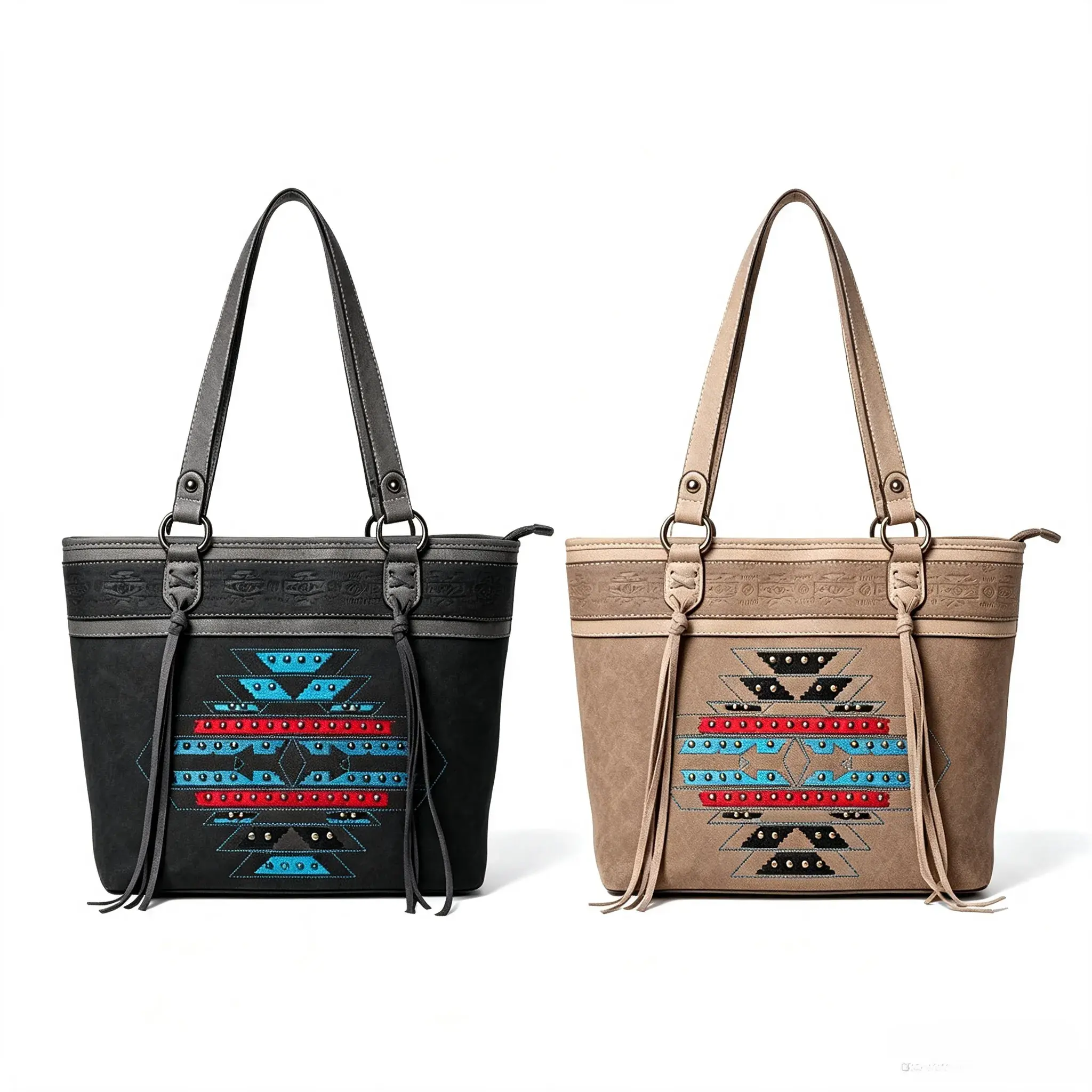 Women's Large Capacity Southwest Aztec Tote Bag, Vegan Leather Shoulder Purse with Tassels, Multi-Pocket Organizer with Adjustable Straps & Smooth Zipper, Casual Travel Work Handbag