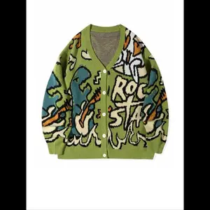 Men's Letter & Dinosaur Print Drop Shoulder Cardigan, Loose Casual Long Sleeve V Neck Button Front Knitwear for Fall & Winter, Men's Knit Clothing for Daily Wear