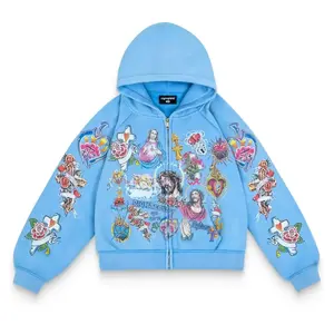Y2k Hip Hop Retro Pattern Print Zip Up Hoodies Men