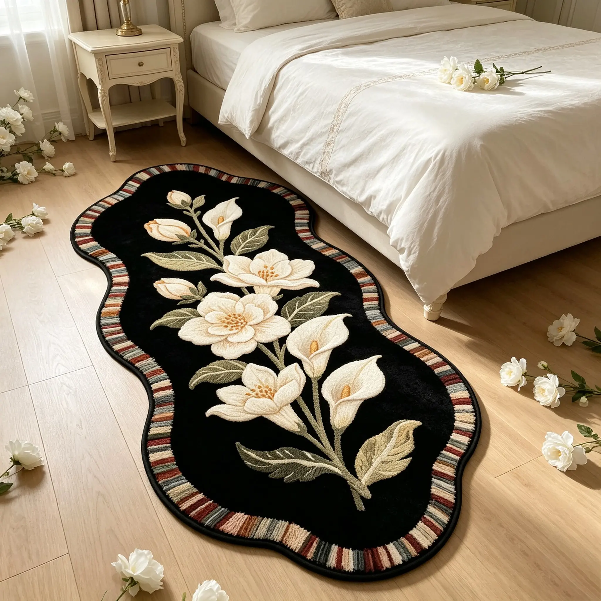 French Vintage Floral Rug, Asymmetric Bedside Mat, Soft Comfortable, Hand Wash Only, Ideal for Living Room, Bedroom, Kitchen, Hallway Decor, Home Decorative Rugs