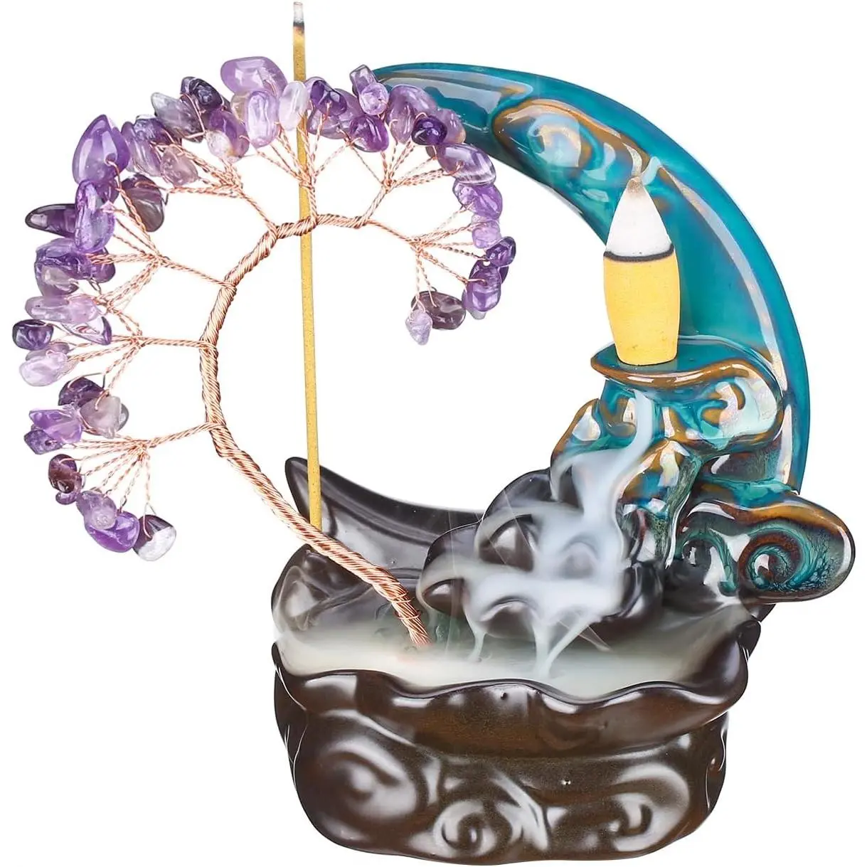 Backflow Incense Burner Ceramic Incense Waterfall 7 Chakras Crystal Tree Incense Holder Namaste Yoga Meditation and Home Decor