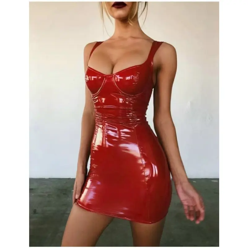 PU leather camisole dress, sexy nightclub dancing celebrity goddess, bright wrap-around bust camisole, fitted waist, slimming