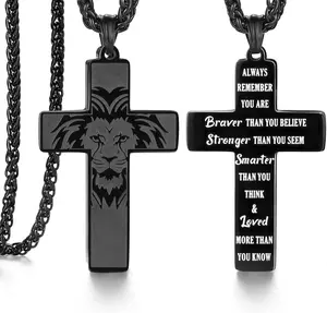 Strength and Faith Gifts for Him-Masculine Cross Necklace-Bold Lion Head and Cross Design-Inspiring Message Engraved (- inches)