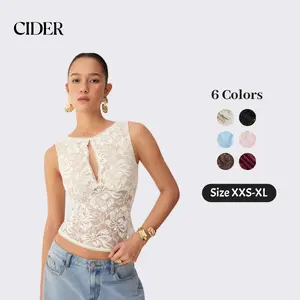 Cider Vintage Summer Sheer Lace Boat Neck Cutout Sleeveless Top for Elegant Outfits Dealsforyou