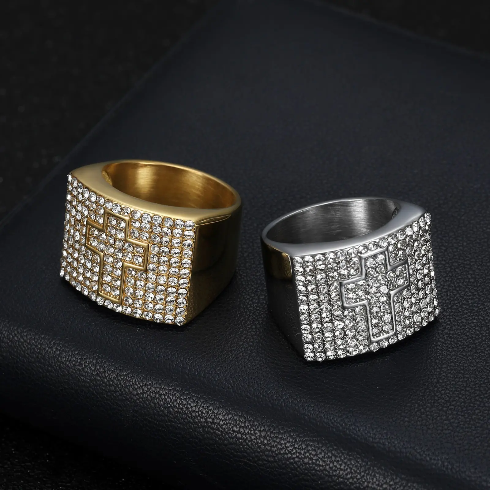 Men's Stainless Steel Cross Motif Ring - Metal-Coated, Minimalist, Shiny Finish, Zircon Stones Cubic Zirconia, European-American Light Luxury Male Fashion Accessory for Everyday Wear, Parties