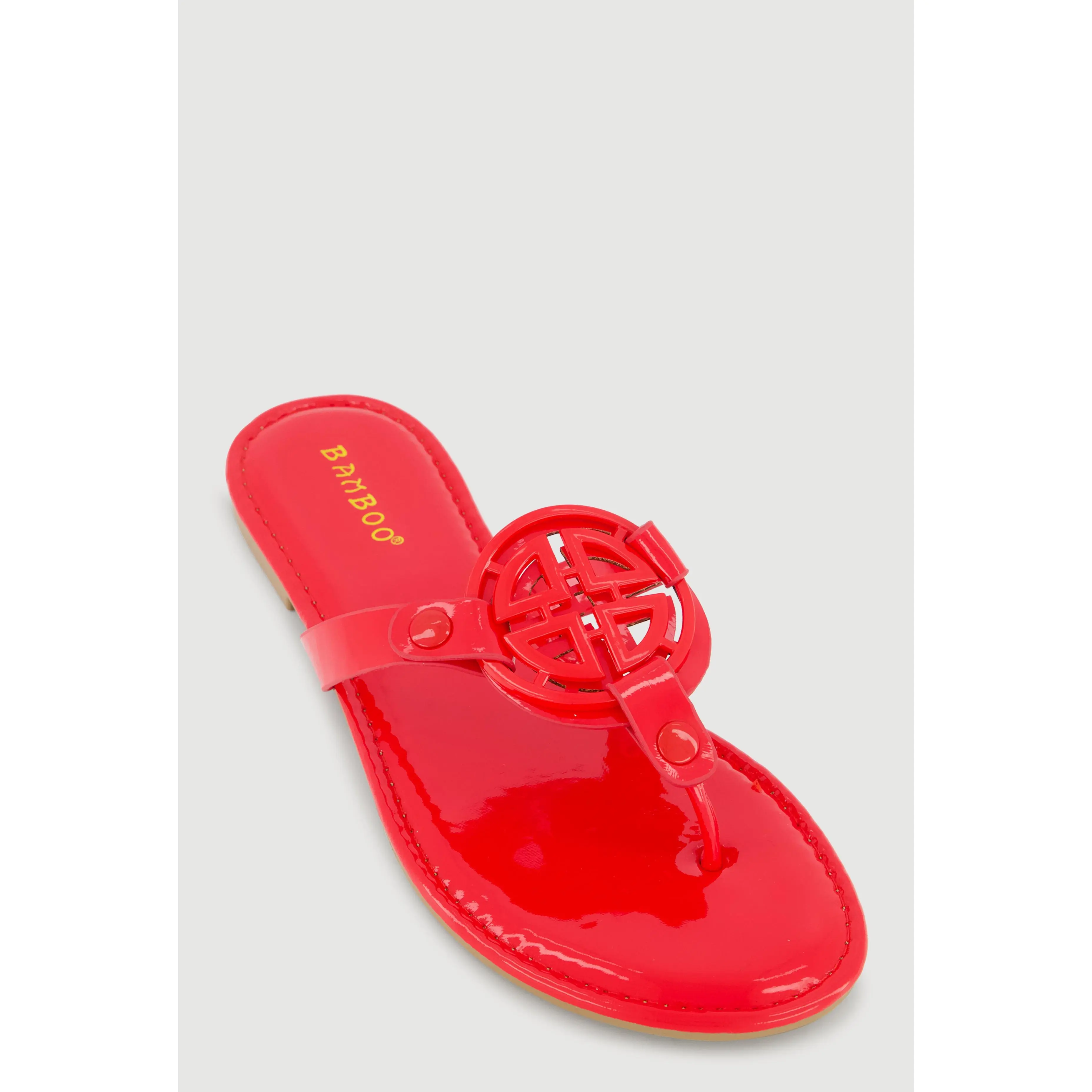 Metallic Geometric Pendant Studded Thong Sandals