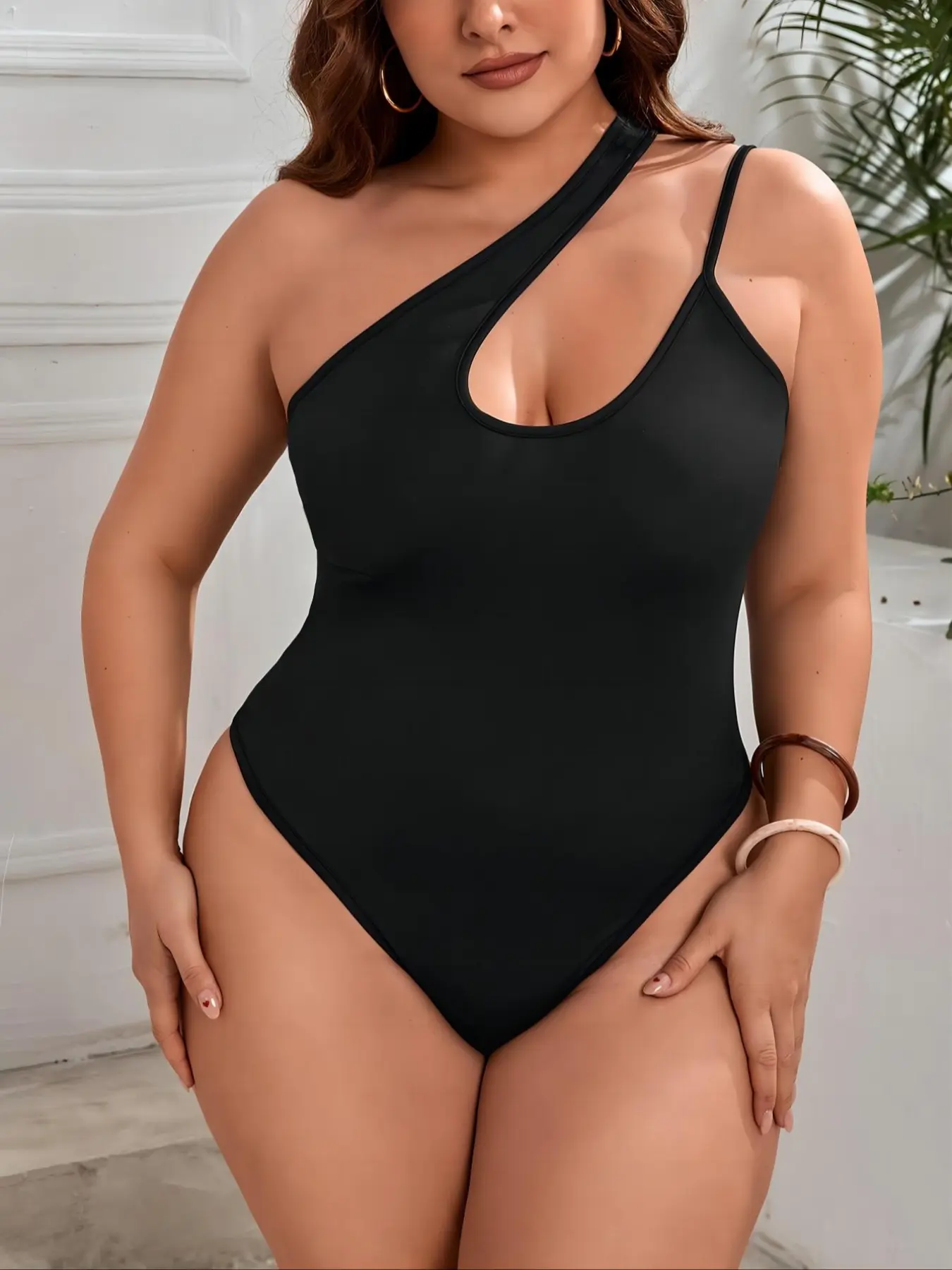 Plus Size Asymmetrical Cut Out Knit Waist Bodysuit, Sexy One Shoulder Sleeveless Tight Fit, Y2K Dark Gothic College Style Nightclub Wear, Womenswear