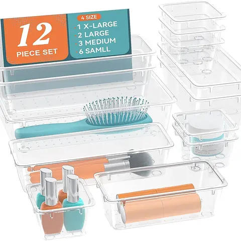 12pc Drawer Set - 4 Different Sizes Plastic Storage Boxes & Bins, Lightweight Organizers for Home, Beauty & Stationery Sorting (Bathroom, Kitchen, Office Vanity Use)