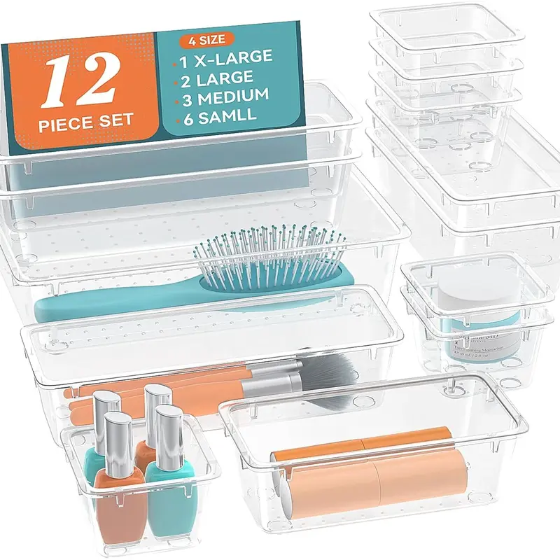 12pc Drawer Set - 4 Different Sizes Plastic Storage Boxes & Bins, Lightweight Organizers for Home, Beauty & Stationery Sorting (Bathroom, Kitchen, Office Vanity Use)