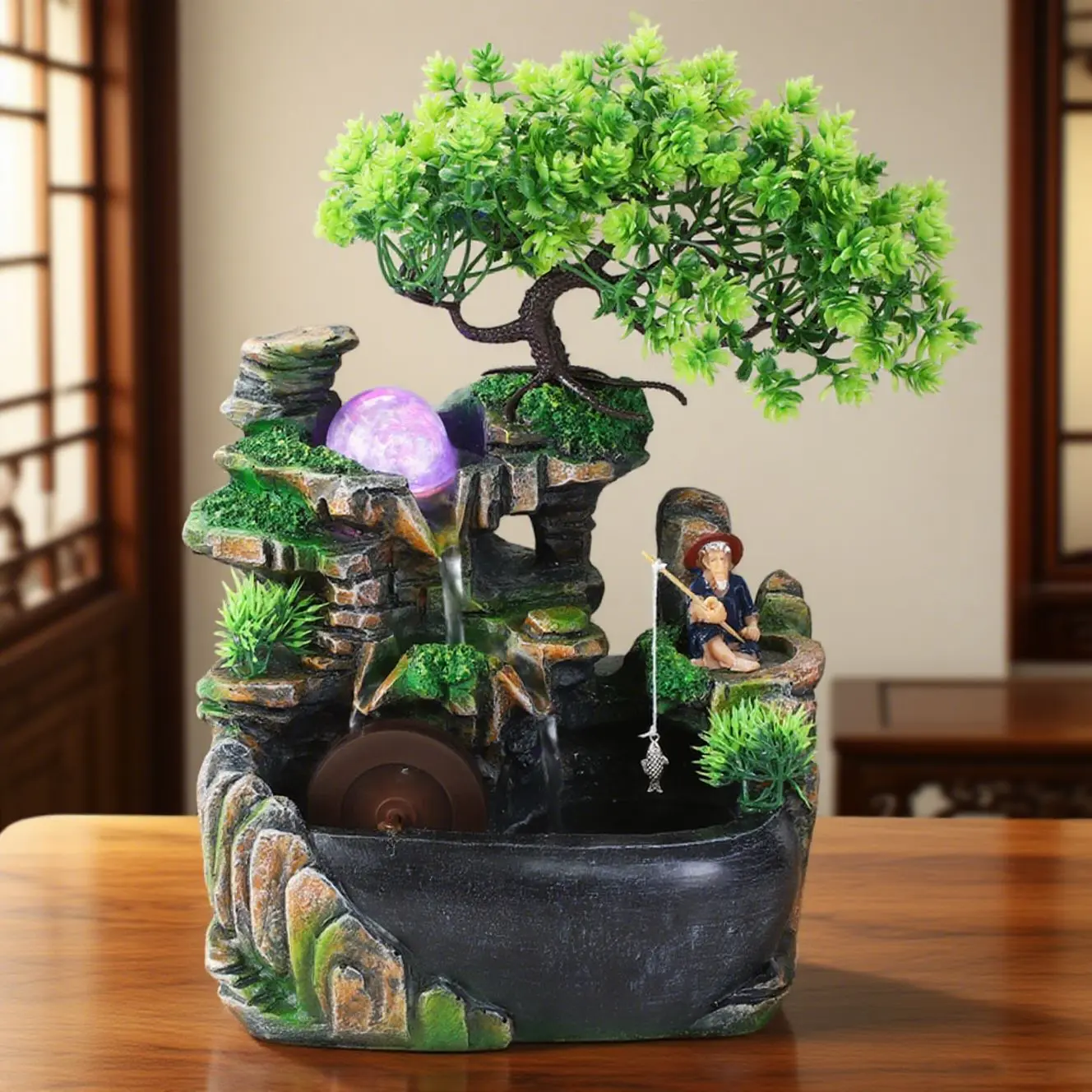 Indoor Corded Resin Tabletop Fountain (20*15*30cm) with Colorful LED Lighting, Modern Simulated Rockery, Fisherman Landscape, Wheel Base - Decor Accessories, Stress Relief, Wheel Luck Symbol, Auspicious Meaning, Father-Son Father's Day Gift