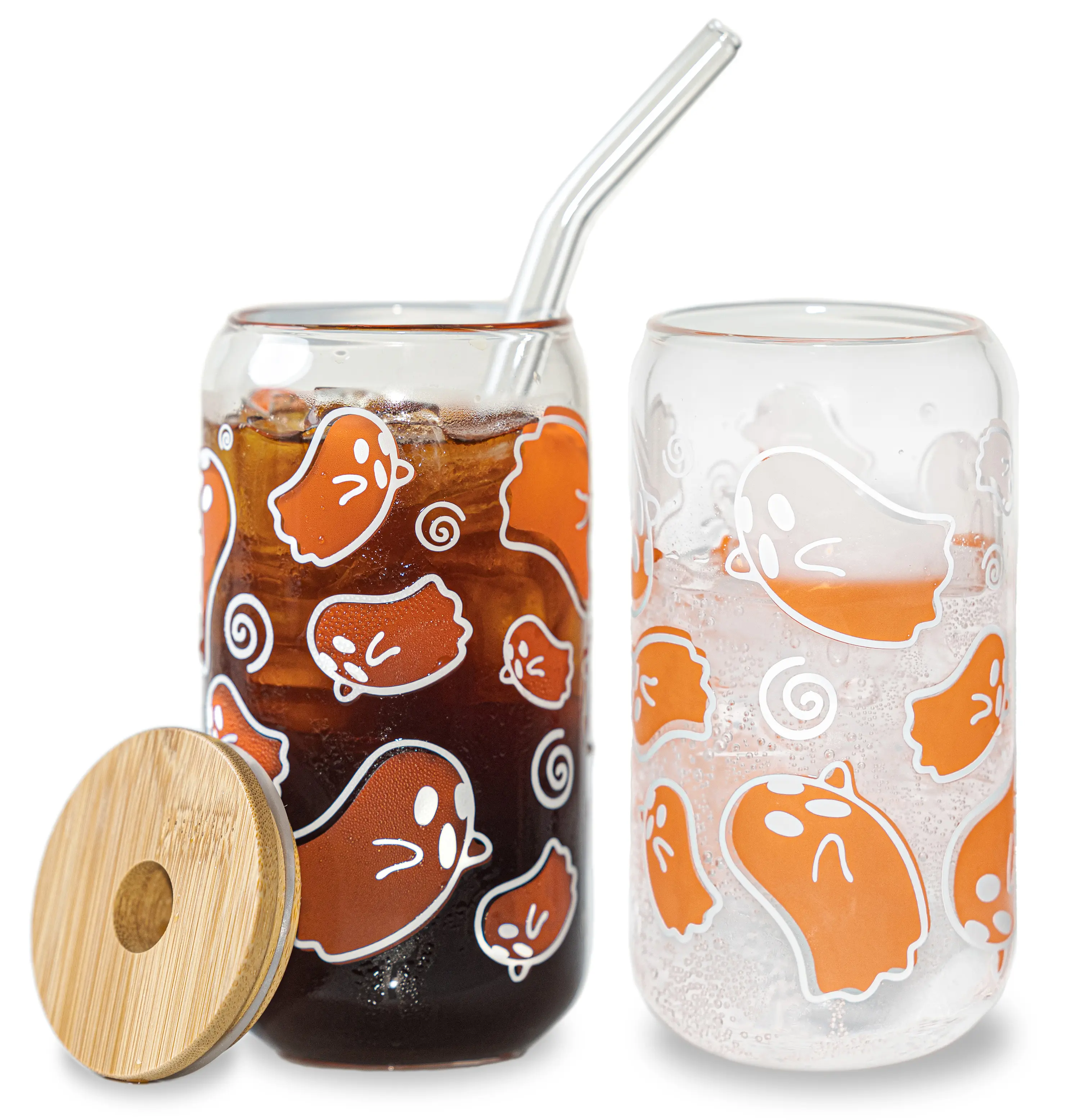 Color-Changing Ghost 16oz Glass Can Cup with Lid and Straw, Iced Coffee Drinkware, Gift for Her, water bottle for women, spooky gifts, Bamboo, Lightweight, Pumpkin, Sturdy, Cocktails, Reusable, Silicone
