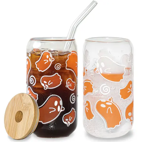 Color Changing Ghost 16oz Glass Can Cup with Bamboo Lid & Straw, Spooky Gift