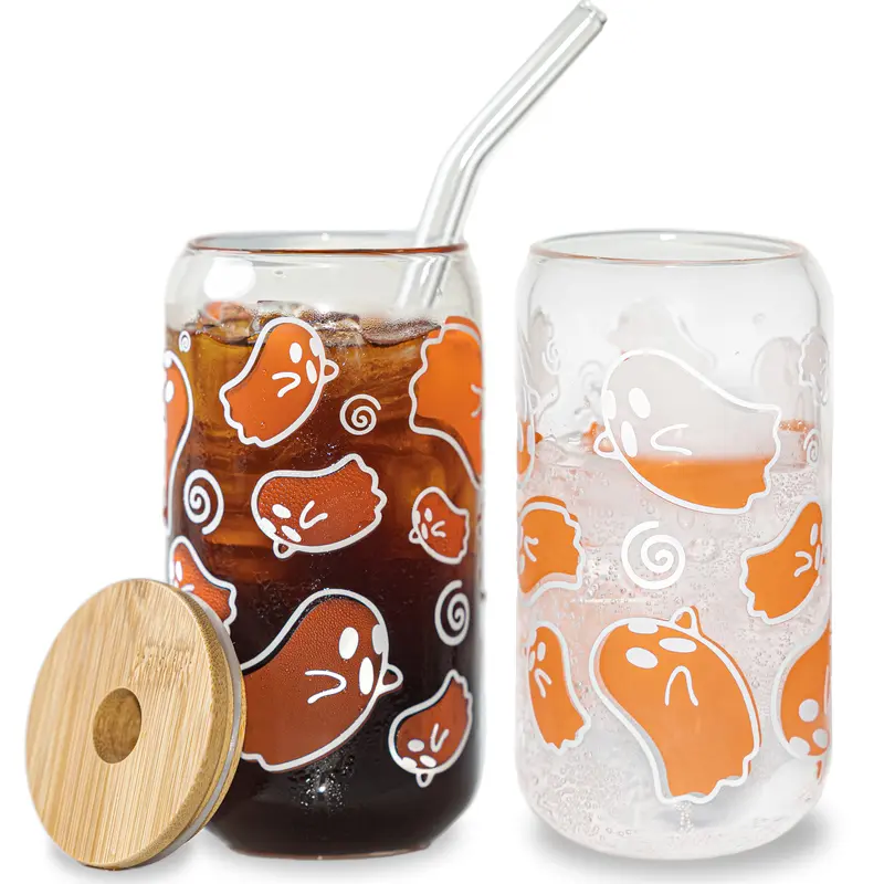 Color Changing Ghost 16oz Glass Can Cup with Bamboo Lid & Straw, Spooky Gift