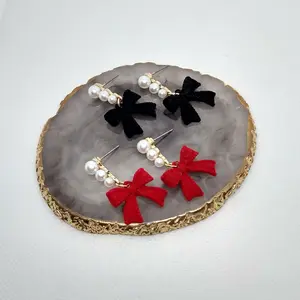 #452 Black or Red Flocked Bow with Triple Faux Pearl Stud Earrings- Casual Everyday Earrings