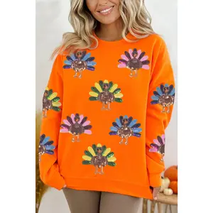 Orange Colorful Sequin Turkey Thanksgiving Graphic Sweatshirt