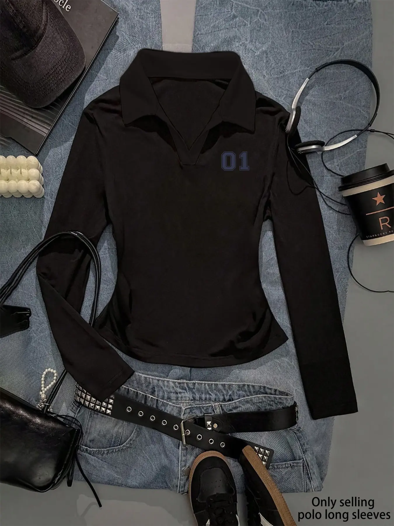 Gothic Style Women's Polo Neck Long Sleeve Slim Fit Streetwear Polo Shirt, Polo Neck Top, Geometric Print, Y2K Fashion, Fall & Winter Casual Wear