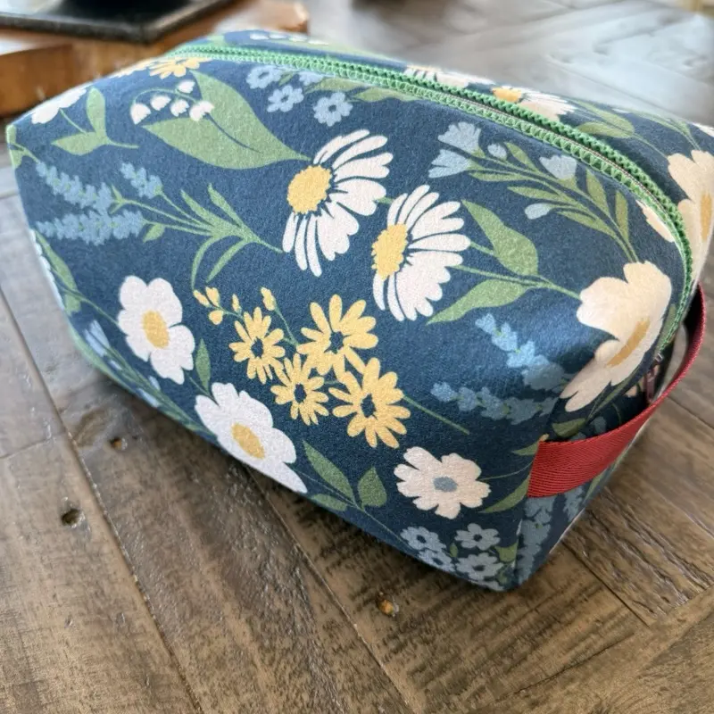 Handmade Upcycled Botanical Makeup Bag Padded Floral Box Pouch with Vibrant Daisy Print and Red Accents