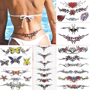 8-Piece Temporary Belly Stickers, Fun Waist Wrap Butterfly Lace Design, Chest & Abdomen Body Art, Bikini Line Women Tattoos, Temporary Fake Tattoo