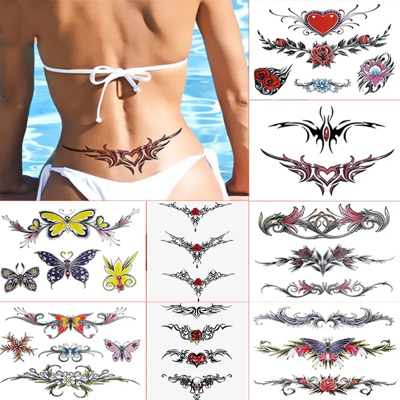 8-Piece Temporary Belly Stickers, Fun Waist Wrap Butterfly Lace Design, Chest & Abdomen Body Art, Bikini Line Women Tattoos, Temporary Fake Tattoo