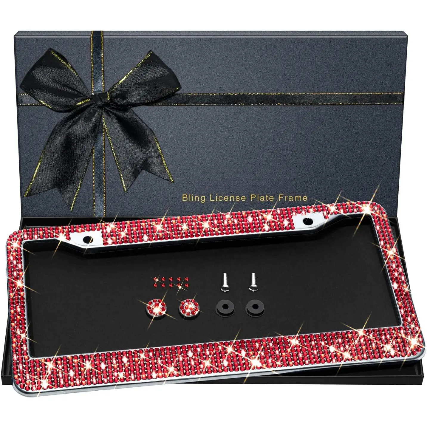 Bling License Plate Frame for Women, Sparkly Stainless Steel License Plate Frames| Over 1200 Counts  14 Facets Bedazzled Clear Glass Diamond Rhinestone Crystals w/Free Glitter Diamond 1PCS BOX (Red)