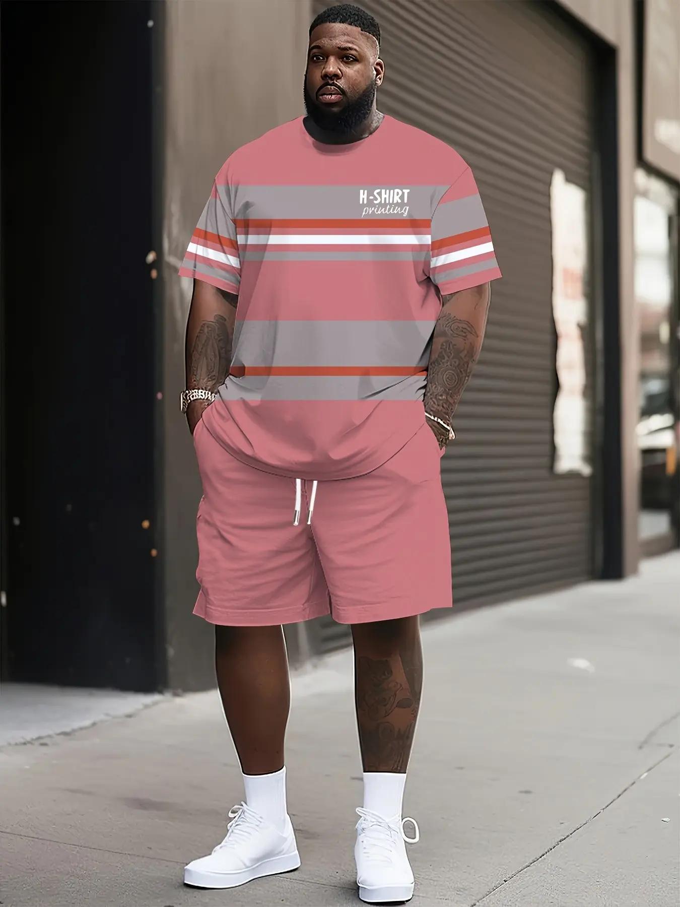 Men's Plus Size Short Sleeve Set, Casual Daily Wear, Low Profile with Inner Meaning, Must-Have Clothing Set, Loose Fit, Striped, All over Print, Outfit