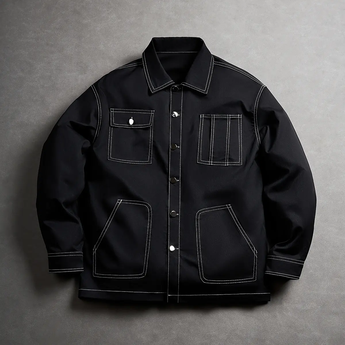 Men’s workwear jacket with stand collar, multiple pockets, and visible white stitching; matte black base color for a solid, stable look; dense woven fabric that resists softening and deformation; long sleeves with relaxed movement and no restrictions; sui