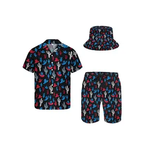 3pcs Men'S Hawaiian Shirt And Short Set, Retro Cactus And Cowboy Soft Fabric Breathable Shirt Button Short Sleeve Casual Beach Shirts Outfits With Bucket Hats