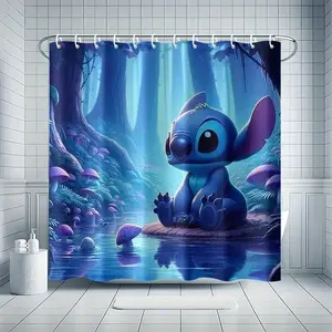 DISNEY CLASSIC Stitch Shower Curtain with 12 Hooks, Machine Washable, Easy to Clean, No Drilling Required, Simple Installation Bathroom Decorative Bath Curtain