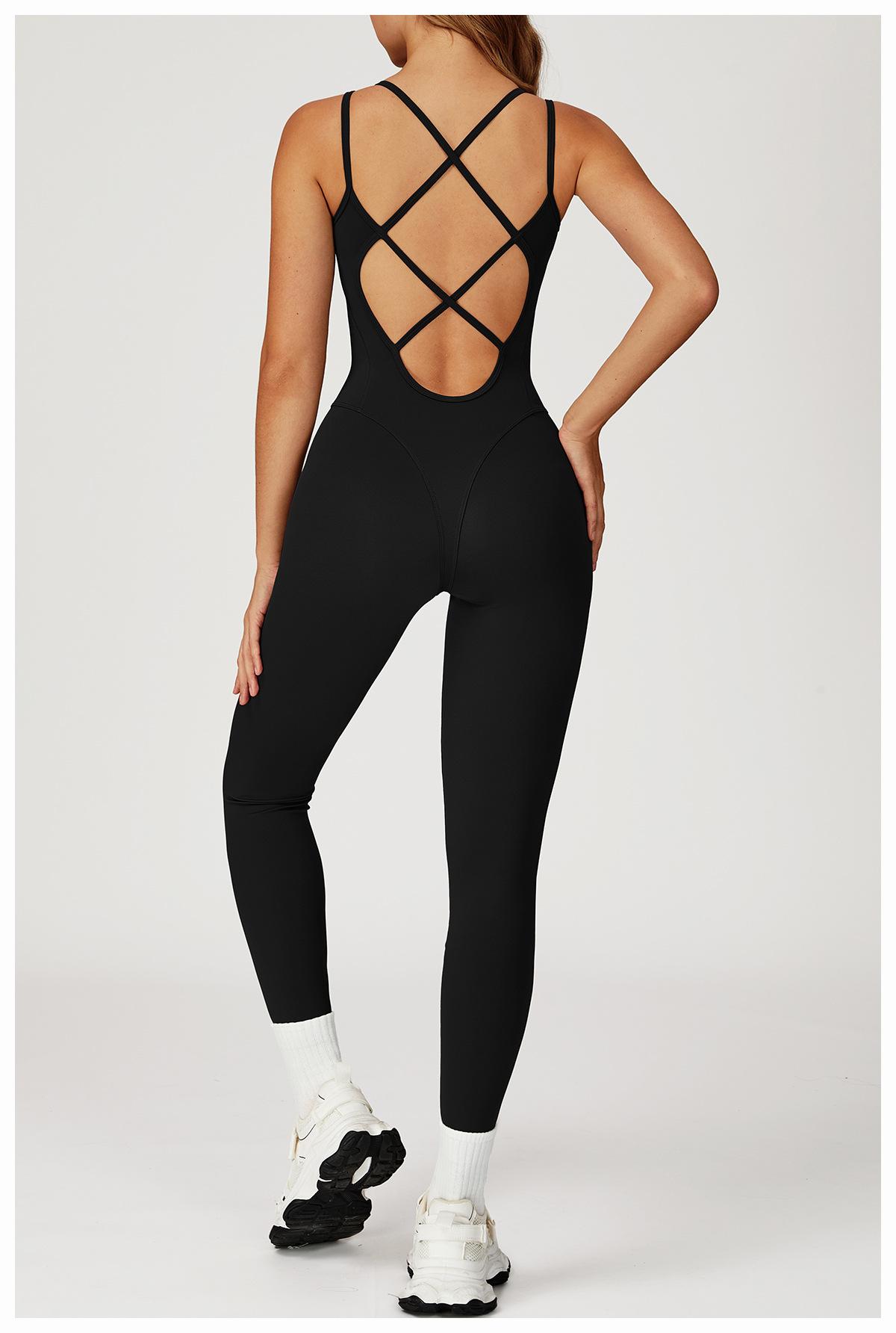 Nude-feel one-piece bodysuit with cross-back design, slim-fit yoga wear for outdoor running and fitness activities