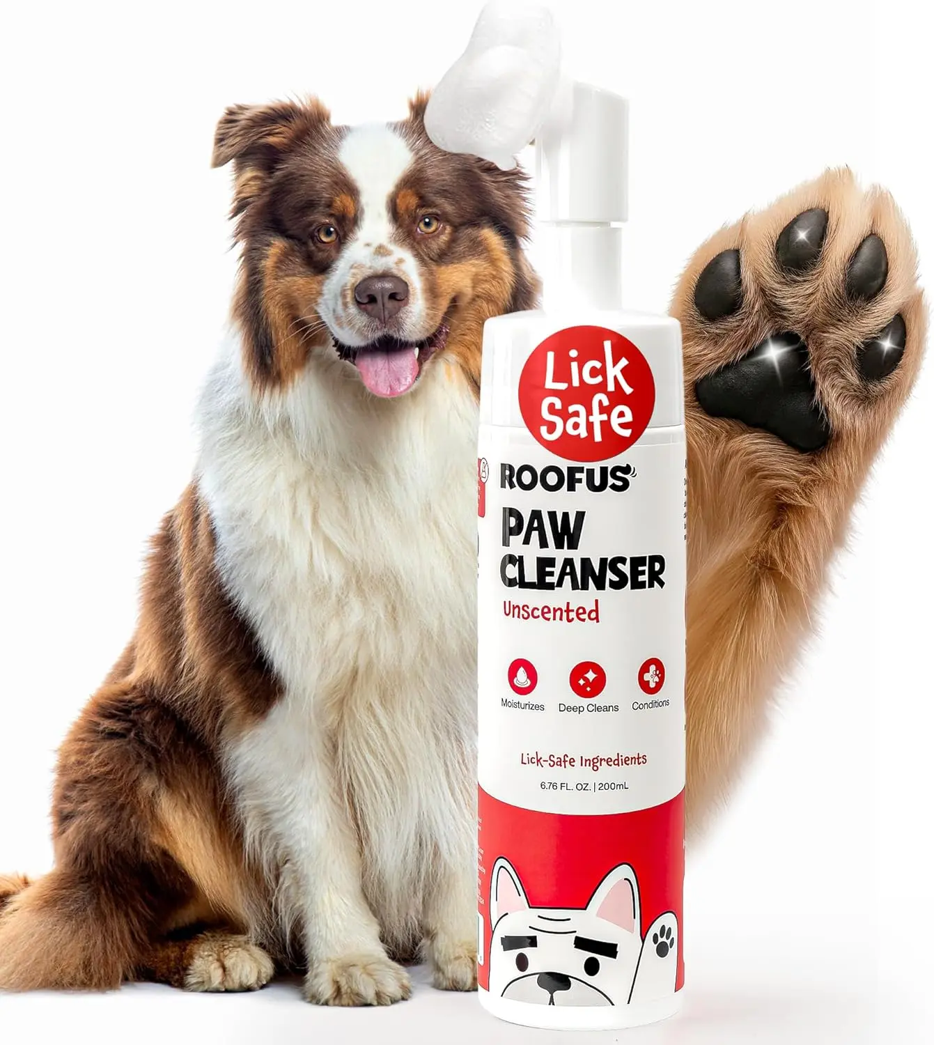 Roofus Lick Safe Paw Cleaner for Dogs & Cats No Rinse Gentle Unscented Foaming Cleanser with Built in Brush for Repairing Restoring Cracked Paws