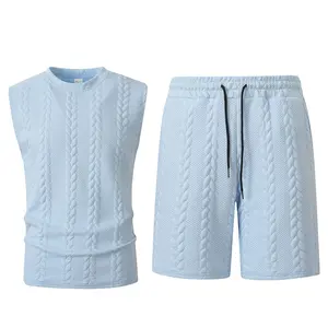Men’s summer solid-color casual set featuring a jacquard cable-knit crewneck tank top and drawstring elastic-waist two-piece set—comfortable and versatile for everyday wear #SummerVibes