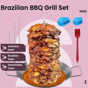 BBQ Skewers, 304 Stainless Steel Vertical Skewers, Brazilian Skewer Rack with 3 Removable Vertebrae, Silicone Gloves, Brush, for Grilling