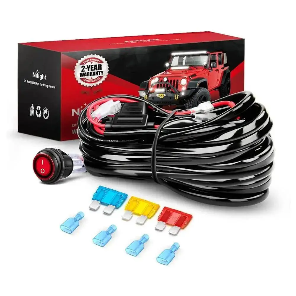 Nilight 14AWG Marine Wiring Harness Kit for Boat & Equipment Lighting - 1x10 ft Harness, 2 Leads, 12V DC 3-Pins Illuminated On/Off Rocker Switch, 300W Power Relay, 3 Waterproof Circuit Protection Fuses, 4 Spade Connectors, 1 x Instructions, 10 Ft, 3-Pins