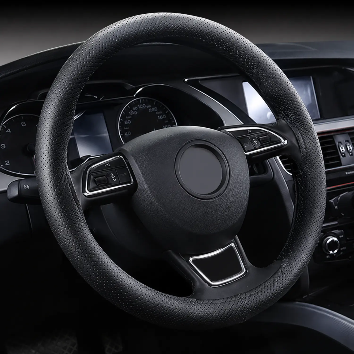Genuine Leather 15-in Steering Wheel Cover - Anti-Slip Perforated Grip, Comfortable Durable Cowhide Wrap, Custom Fit for 99% Models, DIY Stitched Install, Breathable Stylish for Driving