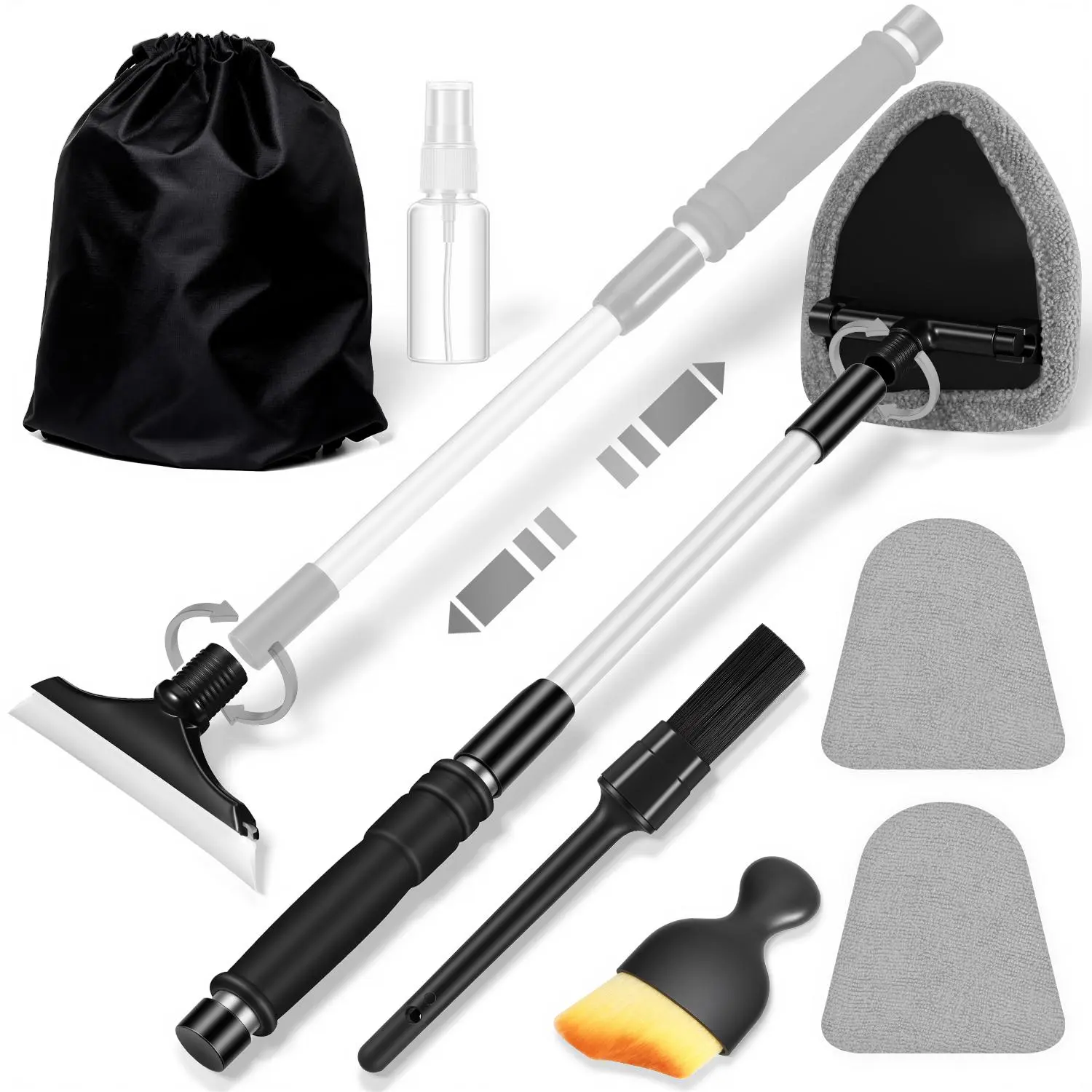 【summerfinds】Windshield Cleaner Tool, Car Interior Cleaning Kit with Extendable Handle and 3 Reusable Microfiber Pads, Auto Glass Wiper and Detailing Brush Kit for Car & Home Window, Gray，Summervibes