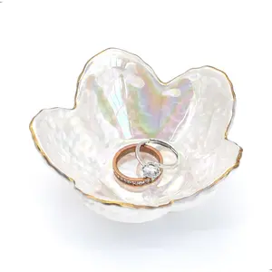 Flower Shape Ring Dish Jewelry Tray Organizer, Glass Accent Tray for Vanity, Small Decorative Trinket Dish, Pearl White Boxes Matte