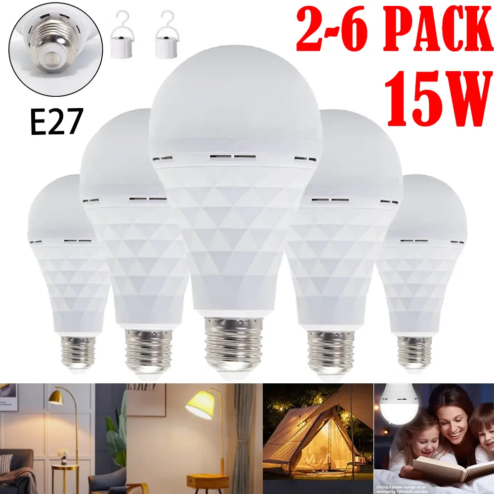 2/4/6 Rechargeable Emergency Light Bulbs A19, 15W Camping Lamp Battery Powered LED Light Bulb 6000K Daylight E26 E27 with 1200mAh White Lighting, for  Indoor Home and Chicken Coop Power Outage Camping Hurricane