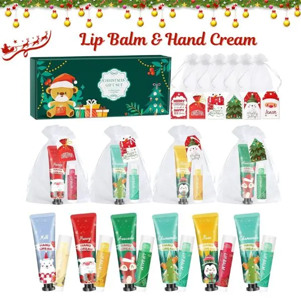 Lip Balm & Hand Cream Gift Set with Organza Bag & Thank You Card – Christmas Stocking Stuffers for Women, Coworkers, Teachers & Nurses and Prefect for Christmas gift