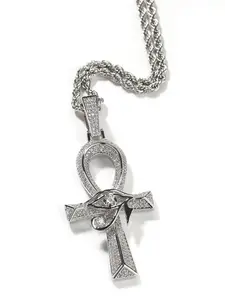 Hiphop Horus Eye Ankh Cross Pendant Necklace, Vintage Fashion Copper Zirconia Chain, Unisex Streetwear Jewelry Accessory