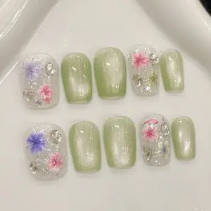 [Meadow] Short Square Handmade Press on Nails, Fake Nails with Nail tool kit with Jelly Stickers, Reusable, Durable