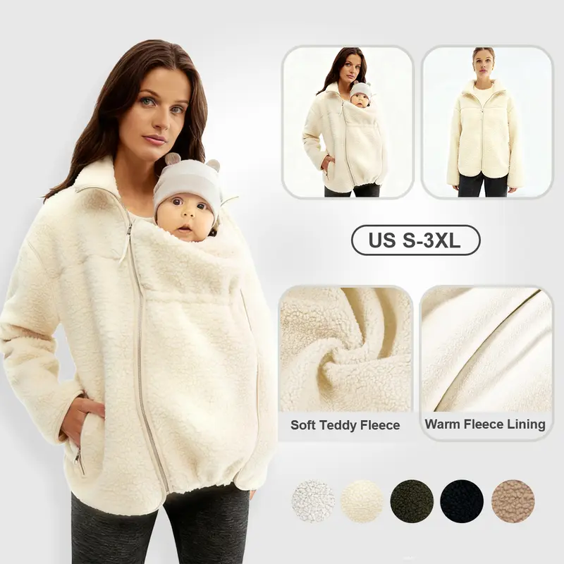 Pwest MAMA Women Before & After Babywearing Fleece Jacket Soft Teddy Fleece, Long-sleeve Zippered Jacket with Pocket, Detachable Babywearing Panel, Winter Warmth, 2 in 1 Design-Cream-BlackFriday