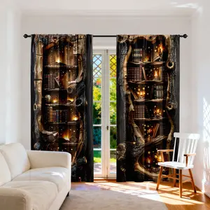 2pcs 3D Fantasy Tree Hollow Bookshelf Starlight Candle Fire Curtains, High Light Blocking Fabric, Home Decor, Bedroom Living Room