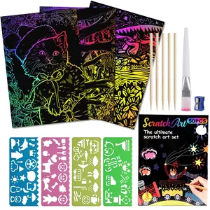 50+ Sheet Rainbow Scratch Art Kit - Magic Color Reveal Crafts for Kids Birthday Party Favors Non-Toxic Mess-Free with Durable Stylus Tools