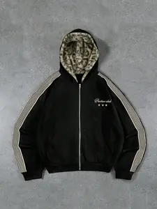 Men's Streetwear Hoodie, Stripe, Vintage Casual Style, Knit Hooded Sweatshirt Tops, Plush Leopard Print, Luxury Brand Logo, Fashionable Outdoor Gift