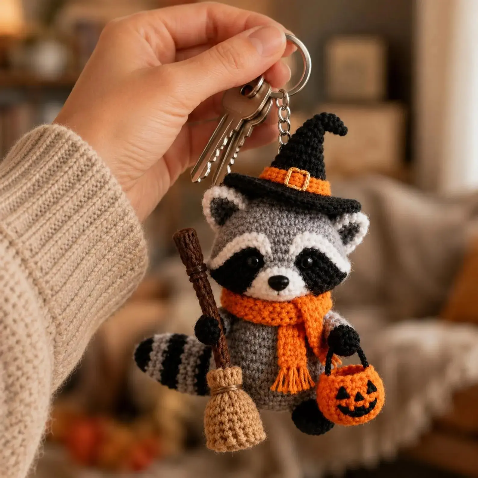 Halloween Raccoon Crochet Keychain, Witch Amigurumi with Pumpkin Basket, Spooky Cute Bag Charm, Raccoon Lover Gift