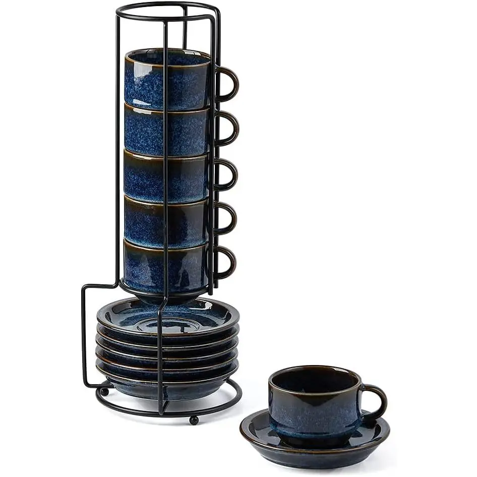 Porcelain Stackable Espresso Cups with Saucers and Metal Stand,4 Ounce Demitasse Cups for Coffee Drinks, Latte,  - Set of 6, Stackable Espresso Mugs, Reactive Glaze, Bule