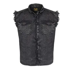 Mens Biker Cuttoff Cotton Shirt Stonewash Black