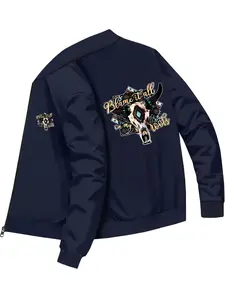 Western Style Mens Bull Skull Printed Bomber Jacket for Daily Street Fashion and Trendy Outfits