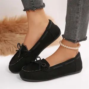 Women's Fleece-Lined Slippers Bowknot Decor Suede Loafers Indoor Outdoor Shoes for Cozy Winter Wear