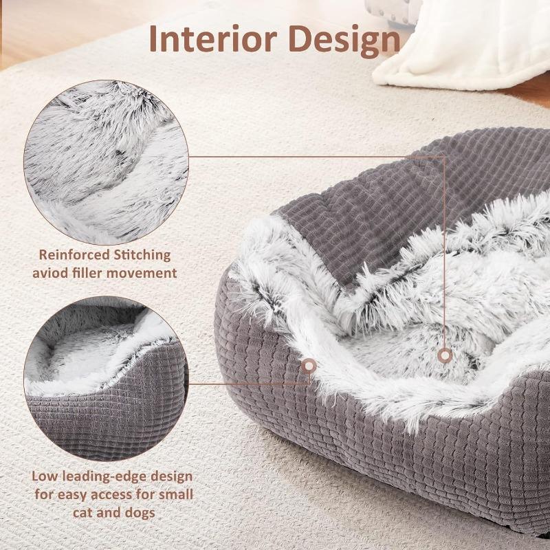 Dog Beds for Medium Large Small Dogs, Rectangle Cave Hooded Blanket Puppy Bed, Luxury Orthopedic Cat Beds for Indoor Cats, Warmth and Machine Washable (25 inches, Grey)